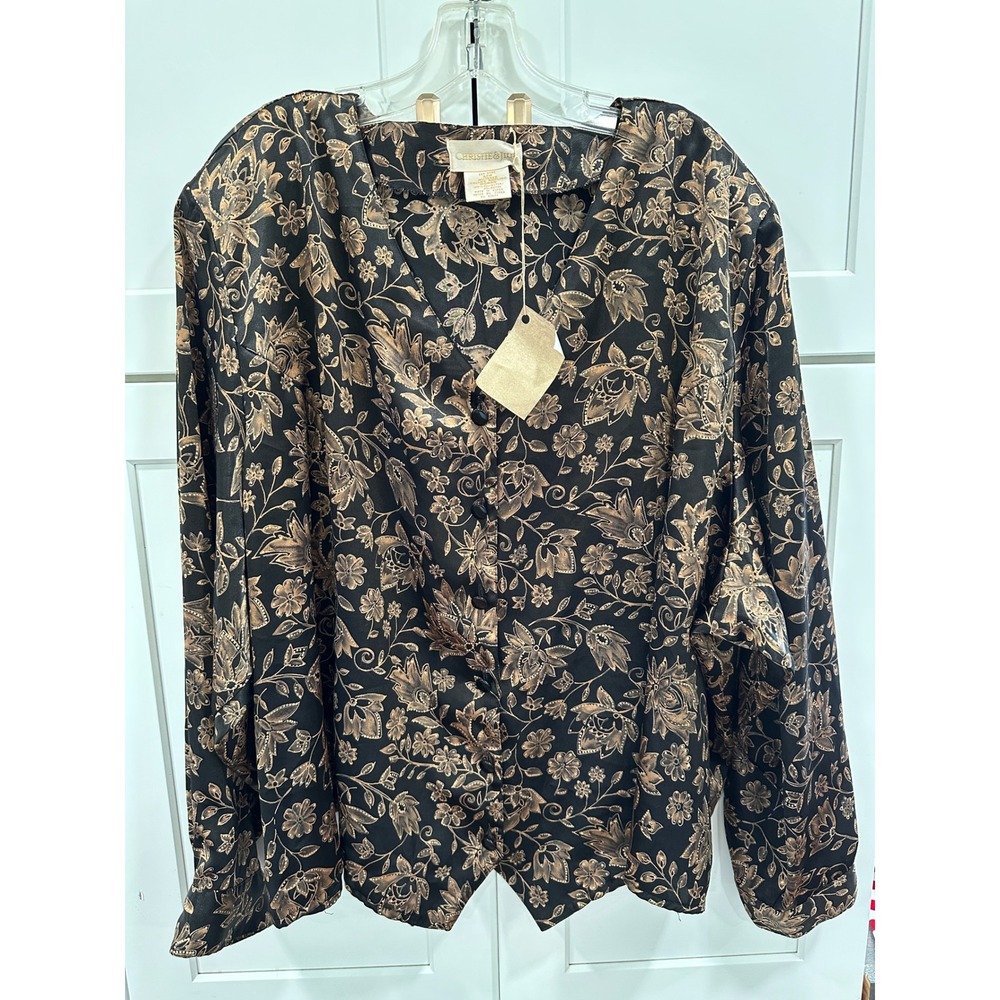 Vintage Christie & Jill Blouse 34W Black Gold Floral Button Front Top